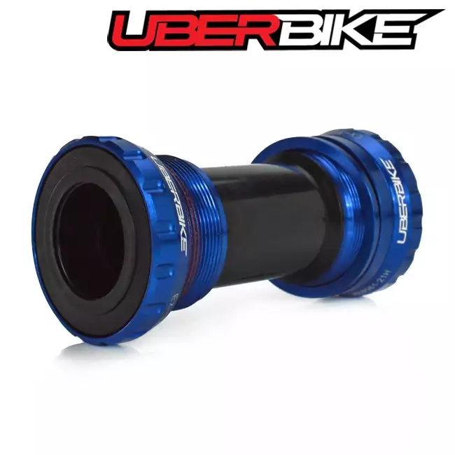 Blue Uberbike bottom bracket laid on its side.