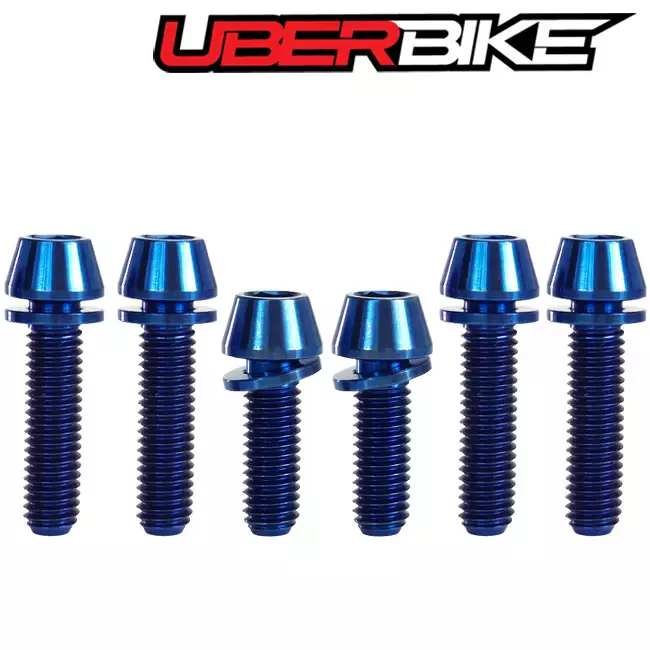 6 Titanium Uberbike Hope Stem bolts in blue colour in a row.