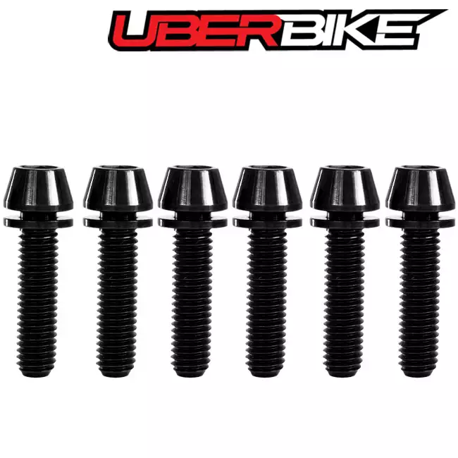 A row of 6 black Uberbike Thomson Elite X4 titanium bolts in a row. 