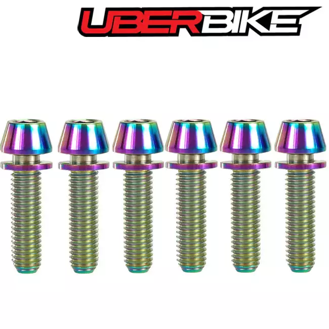 6 Uberbike Titianium oil slick bolts in a row