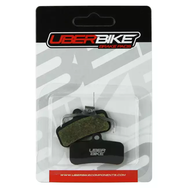 Uberbike Semi Metallic Disc Brake pads in a packaging with Uberbike logo in middle. 