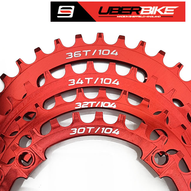 Uberbike Made in Sheffield red chainrings.